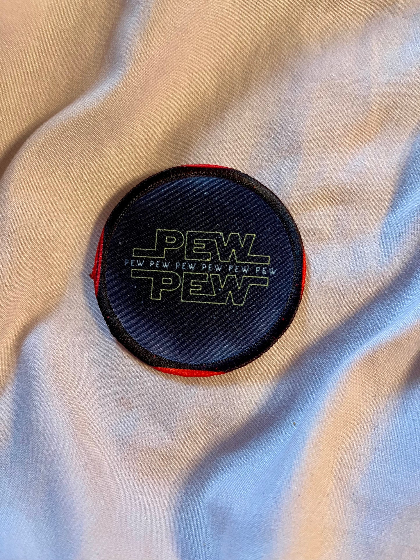 “Pew Pew” Logo-Inspired Iron-On Patch – Retro Space Embroidered Appliqué