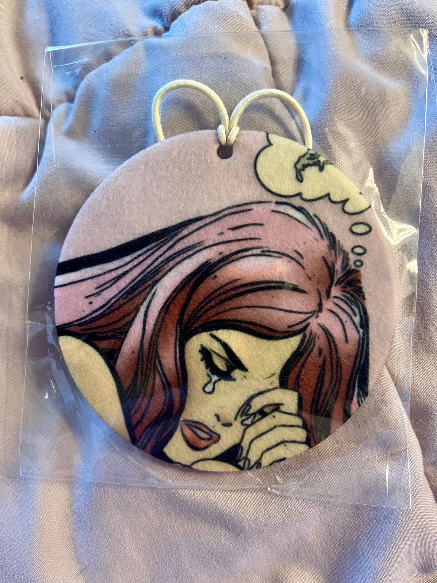 Crying Comic Girl Reusable Air Freshener – “Thinking About Pizza” Pop Art (Unscented)