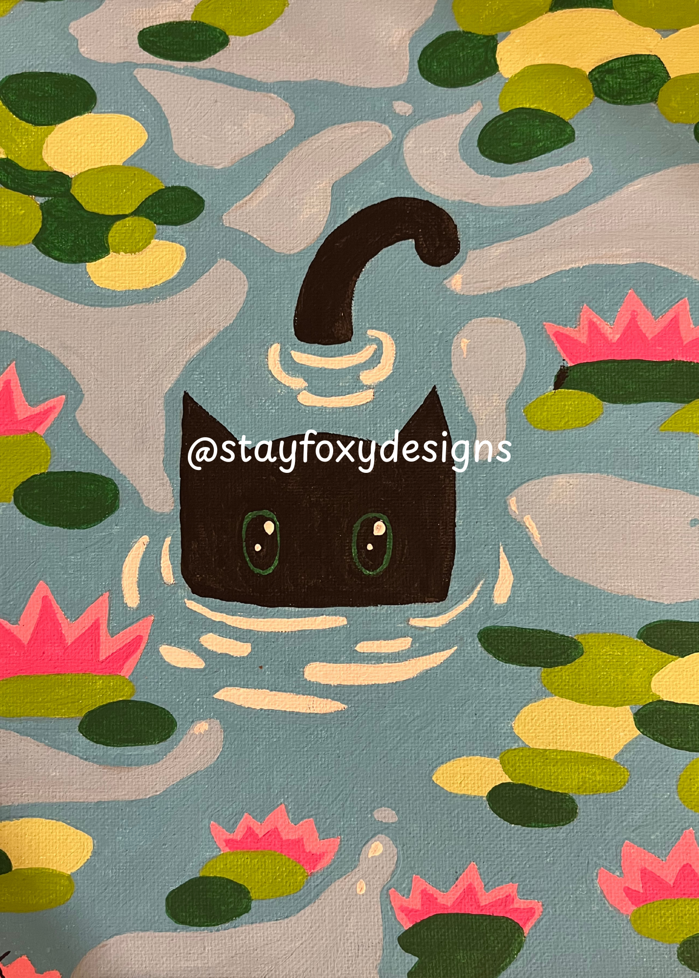 Cat in the Lily Pond – Original 8×10 Acrylic Painting | Whimsical Nature Art | One-of-a-Kind Cat Artwork