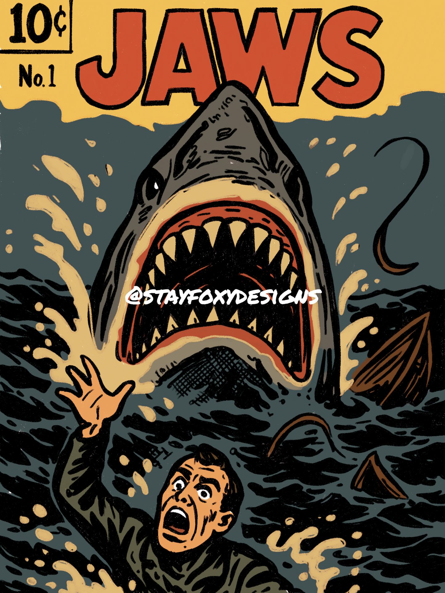 Jaws Digital Art Print | Retro Horror Comic Style | Vintage Shark Movie Poster | Instant Download | Printable Wall Art