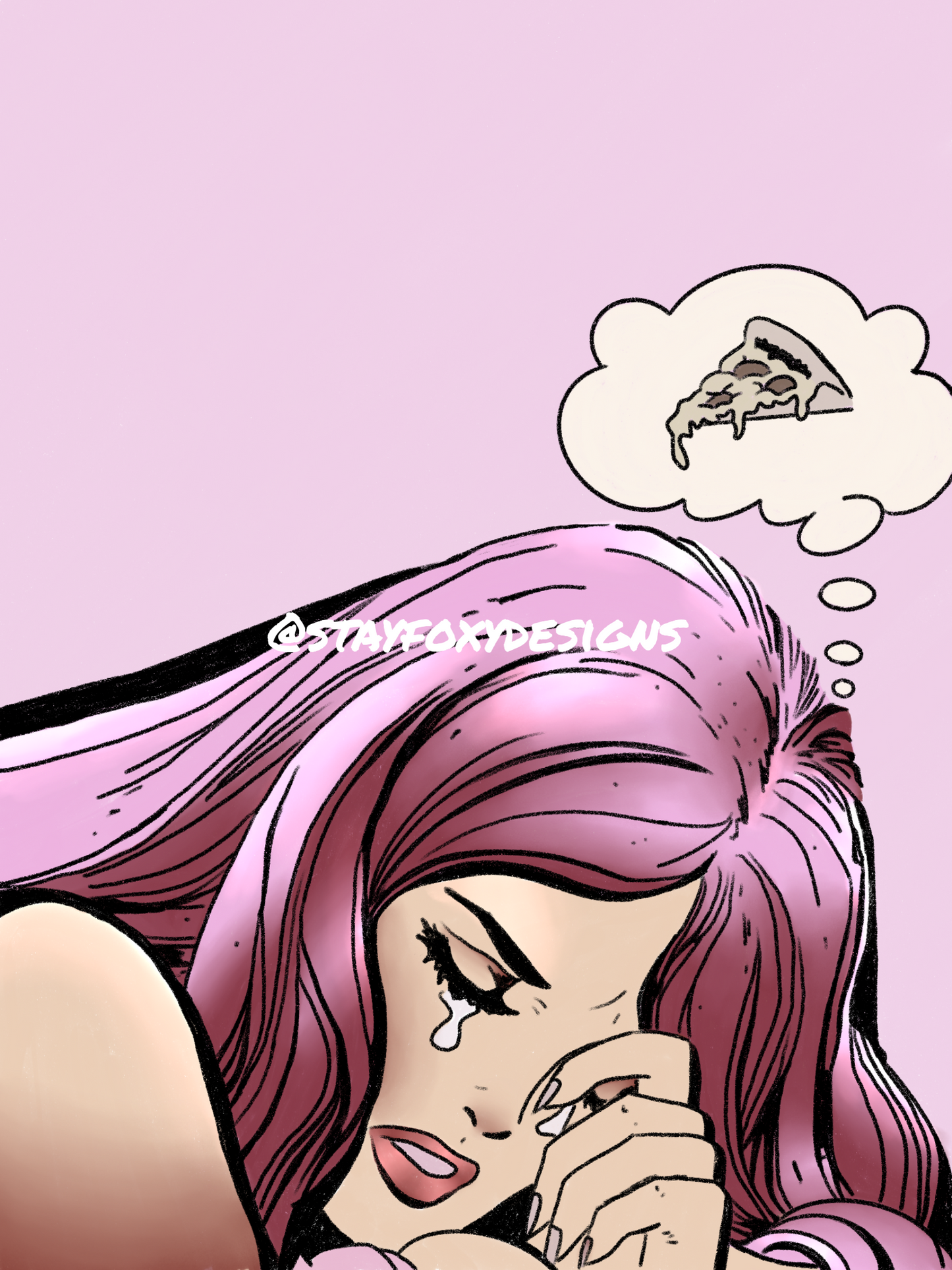 Pink Hair Comic Woman Crying Over Pizza | Funny Pop Art Print | Quirky Wall Art | Sad Girl Thought Bubble Illustration