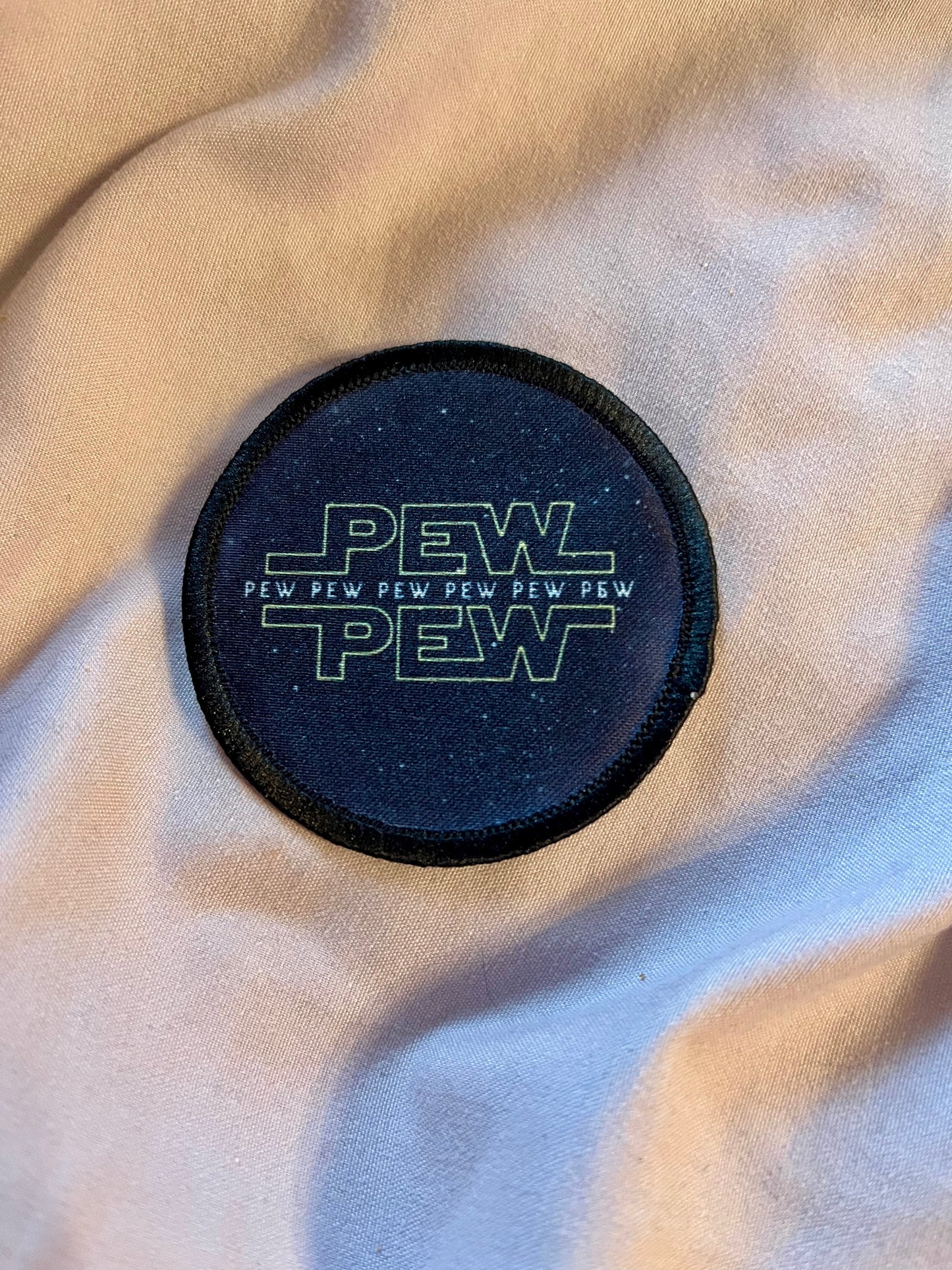 “Pew Pew” Logo-Inspired Iron-On Patch – Retro Space Embroidered Appliqué