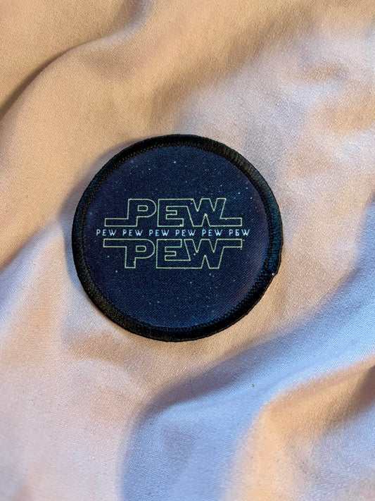 “Pew Pew” Logo-Inspired Iron-On Patch – Retro Space Embroidered Appliqué