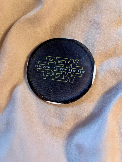 “Pew Pew” Logo-Inspired Iron-On Patch – Retro Space Embroidered Appliqué