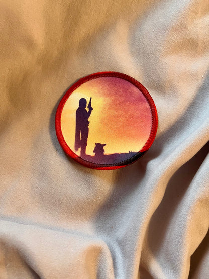 Mando & Grogu Silhouette Sunset Iron-On Patch – Star Wars Scenic Embroidered Appliqué