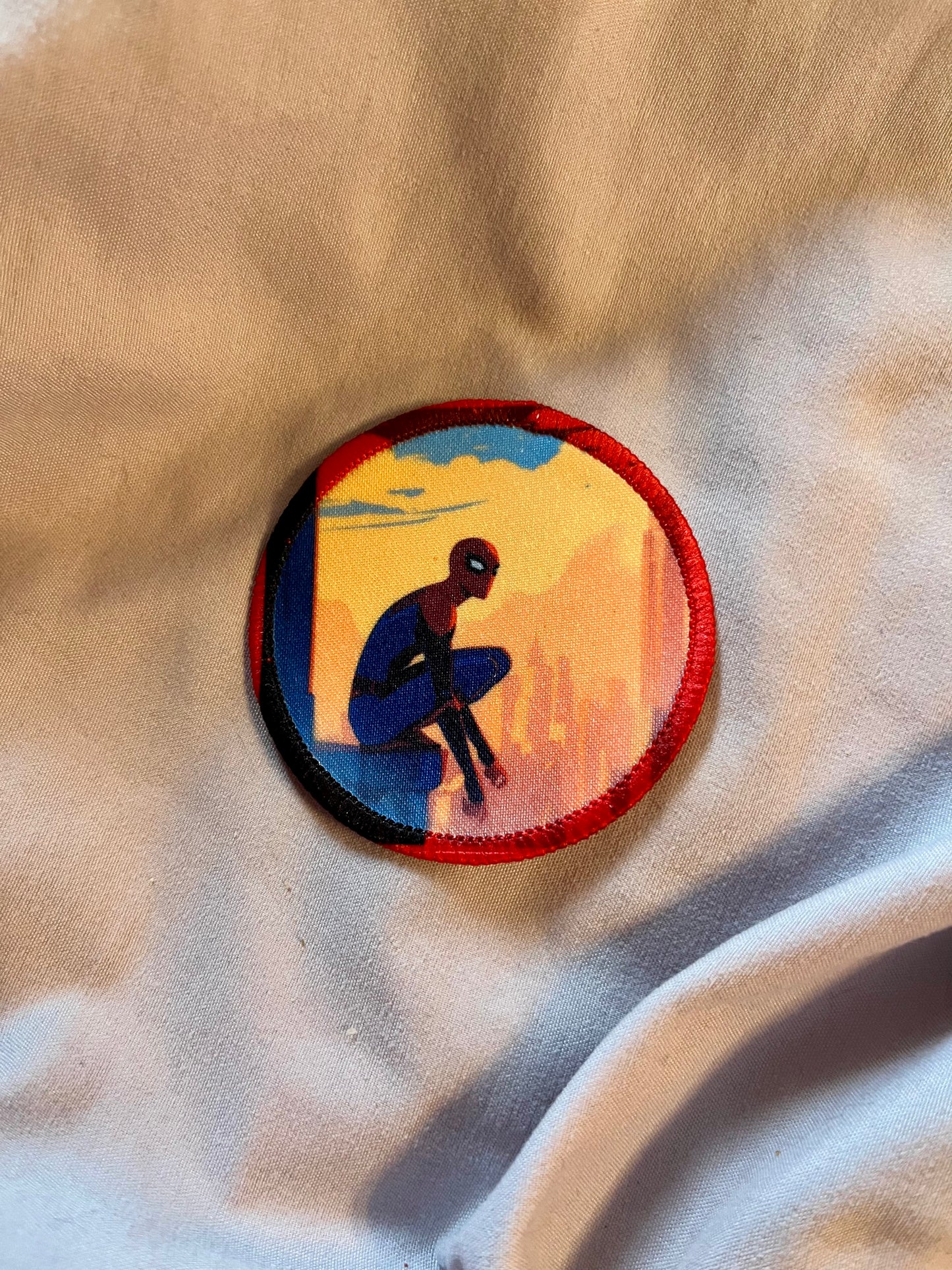 Spider-Man Perched on Building Iron-On Patch – Iconic Cityscape Embroidered Appliqué