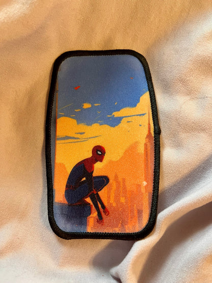 Spider-Man Perched on Building Iron-On Patch – Iconic Cityscape Embroidered Appliqué