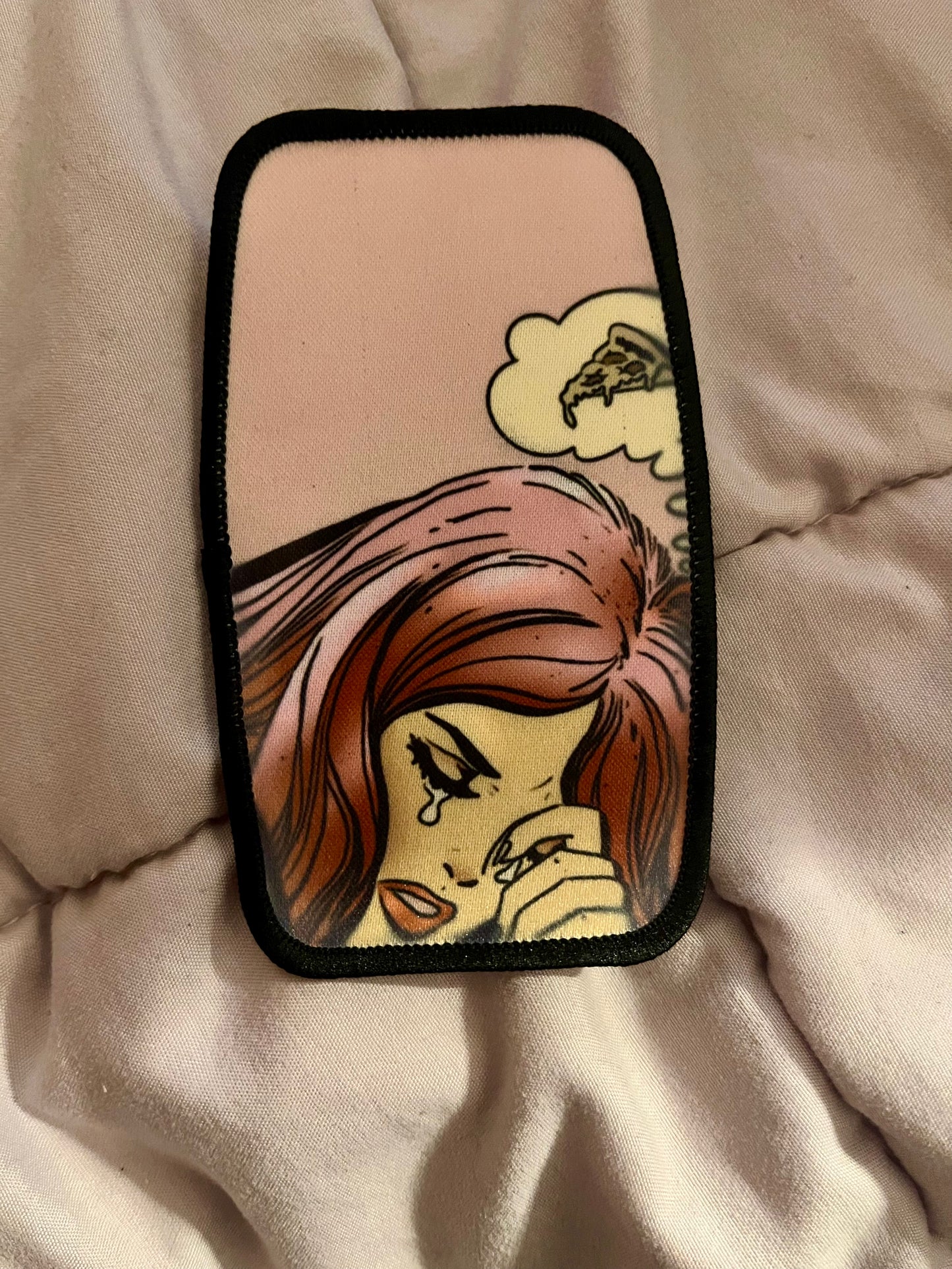 Crying Girl Thinking About Pizza Iron-On Patch – Comic Style Embroidered Appliqué