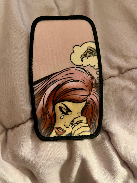 Crying Girl Thinking About Pizza Iron-On Patch – Comic Style Embroidered Appliqué