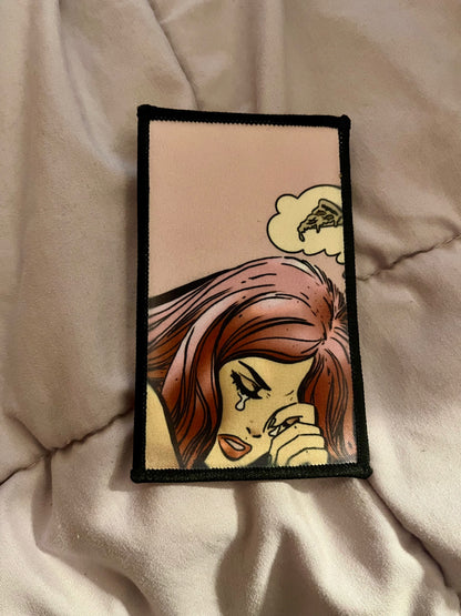 Crying Girl Thinking About Pizza Iron-On Patch – Comic Style Embroidered Appliqué