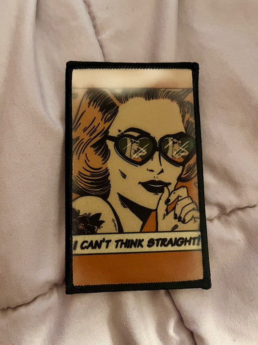 “I Can’t Think Straight” Heart Glasses Iron-On Patch – Retro Queer Art Embroidered Appliqué