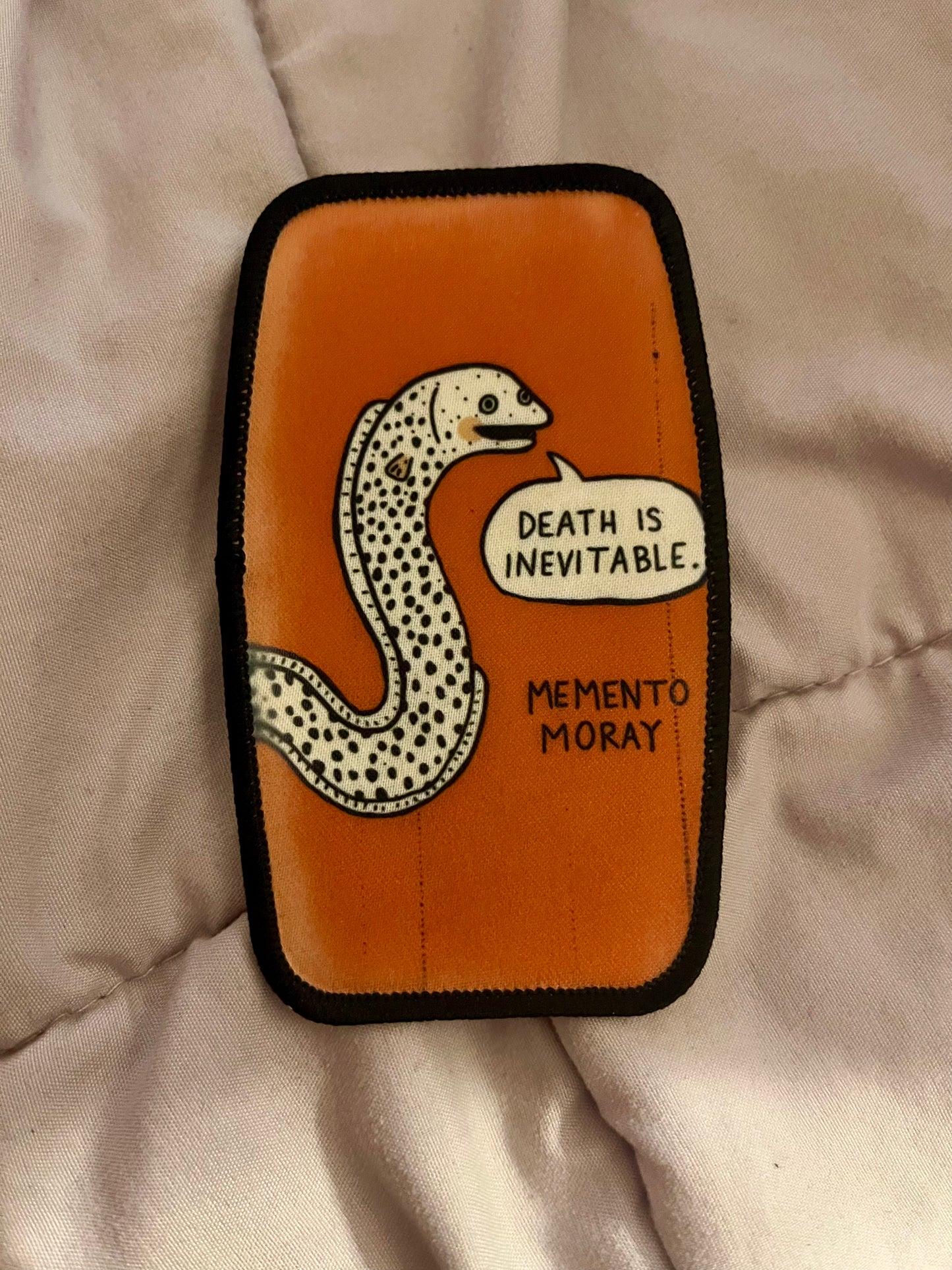 “Memento Moray” Eel Iron-On Patch – Dark Humor Ocean Embroidered Appliqué