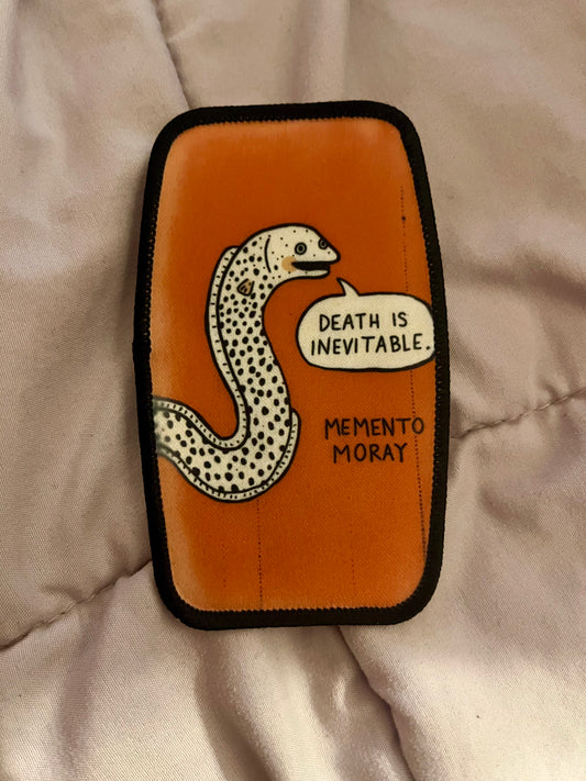 “Memento Moray” Eel Iron-On Patch – Dark Humor Ocean Embroidered Appliqué