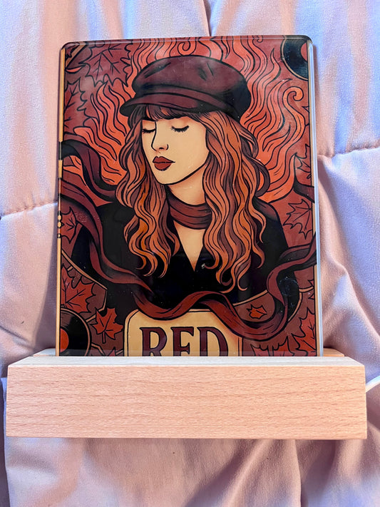 Red Era Swiftie Nightlight – Retro Heartbreak Aesthetic LED Lamp with USB Wooden Base