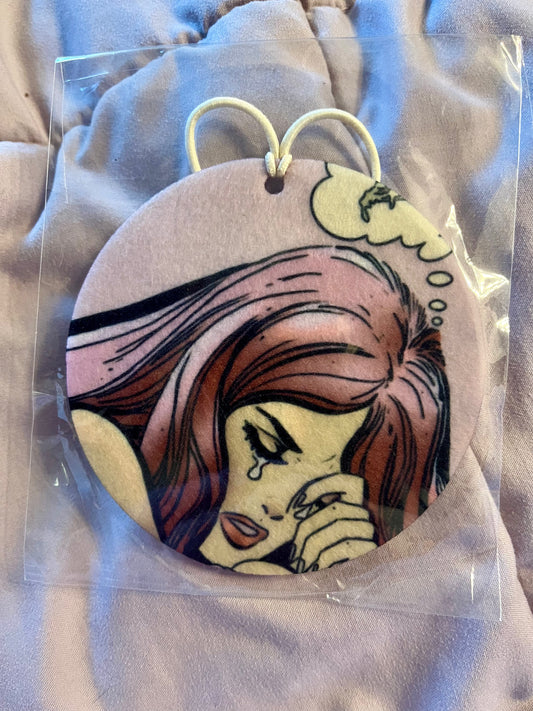 Crying Comic Girl Reusable Air Freshener – “Thinking About Pizza” Pop Art (Unscented)