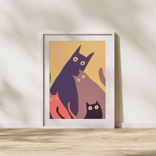 Whimsical Four Cats – Original 8×10 Acrylic Painting | Modern Minimalist Cat Art | One-of-a-Kind Artwork