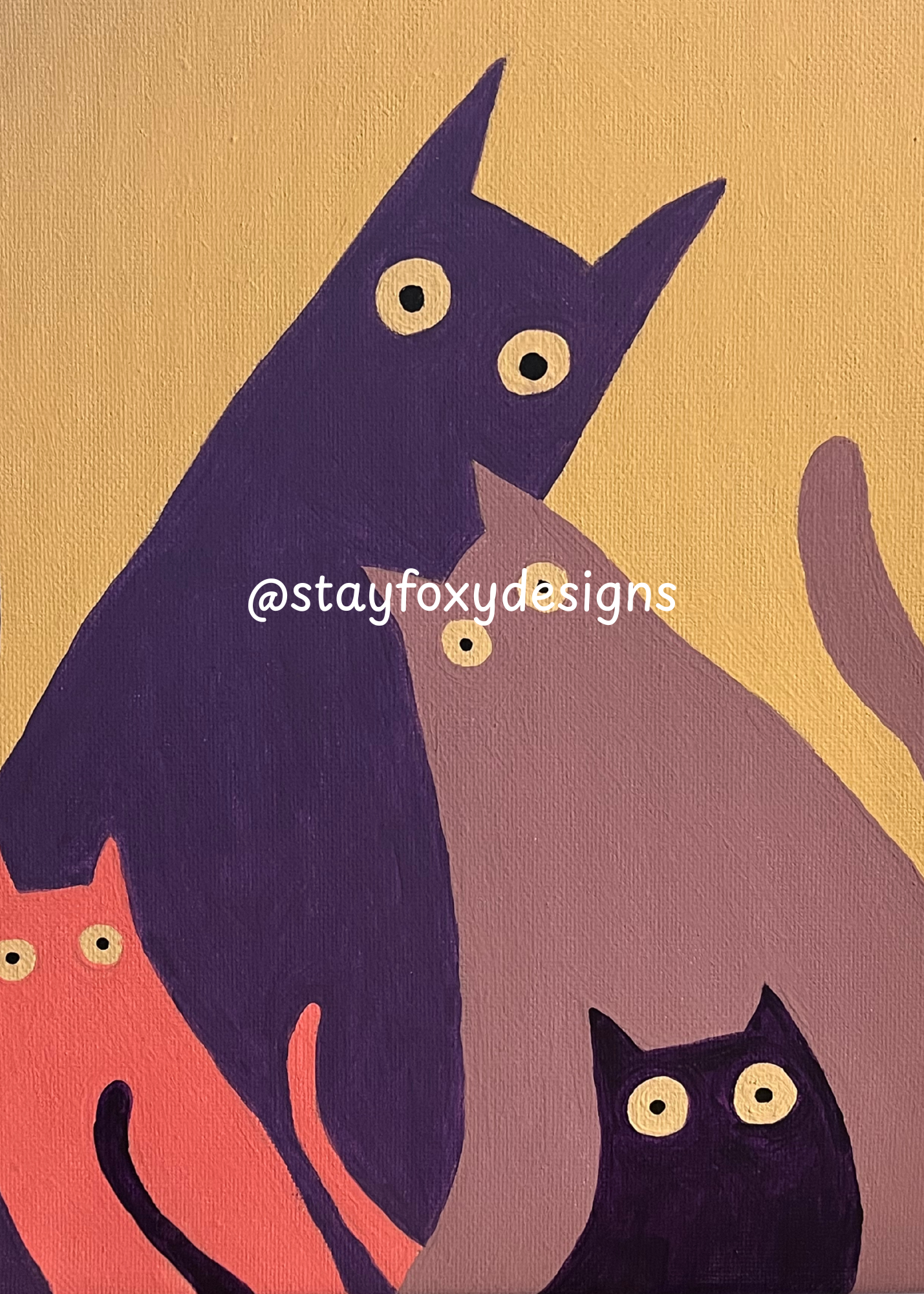 Whimsical Four Cats – Original 8×10 Acrylic Painting | Modern Minimalist Cat Art | One-of-a-Kind Artwork