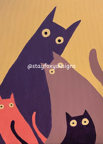 Whimsical Four Cats – Original 8×10 Acrylic Painting | Modern Minimalist Cat Art | One-of-a-Kind Artwork