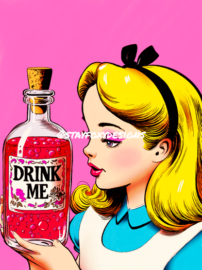 Alice “Drink Me” Pop Art Print | Surreal Wonderland Wall Art | Pink Potion Bottle Illustration | 5x7 or 8x10 Whimsical Fantasy Decor