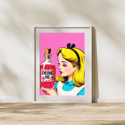 Alice “Drink Me” Pop Art Print | Surreal Wonderland Wall Art | Pink Potion Bottle Illustration | 5x7 or 8x10 Whimsical Fantasy Decor