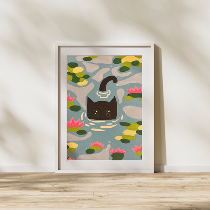 Cat in the Lily Pond – Original 8×10 Acrylic Painting | Whimsical Nature Art | One-of-a-Kind Cat Artwork
