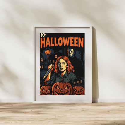 Halloween Comic-Style Art Print | Michael Myers Horror Poster | 5x7 Alternative Wall Decor | Slasher Movie Fan Art