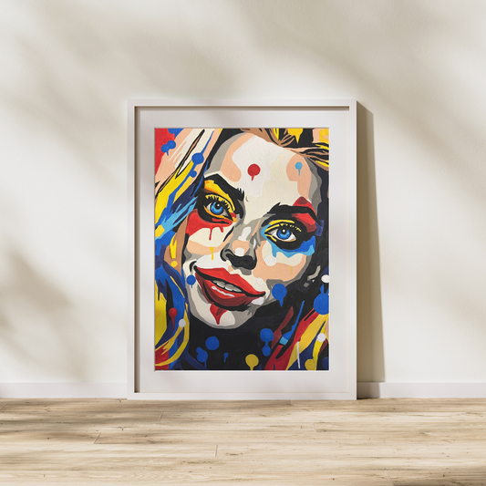 Harley Quinn Pop Art Drip Portrait – 5×7 or 8x10 Art Print | Bold Comic-Inspired Wall Art | Colorful Modern Portrait