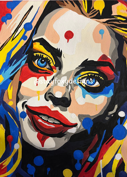 Harley Quinn Pop Art Drip Portrait – 5×7 or 8x10 Art Print | Bold Comic-Inspired Wall Art | Colorful Modern Portrait