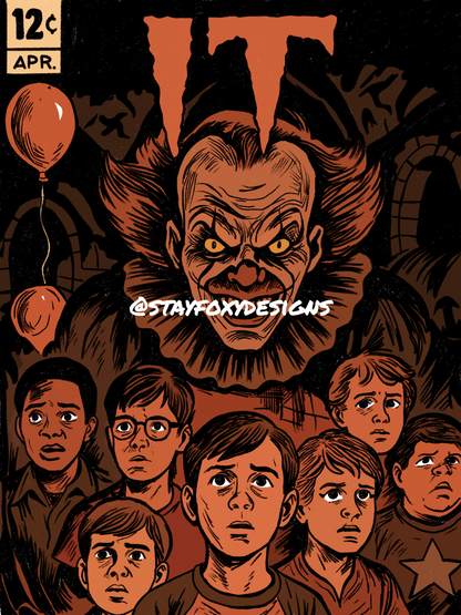 IT Chapter One 5x7 or 8x10 Horror Poster | Pennywise Illustration | Cult Stephen King Movie Art | Creepy Clown Wall Decor