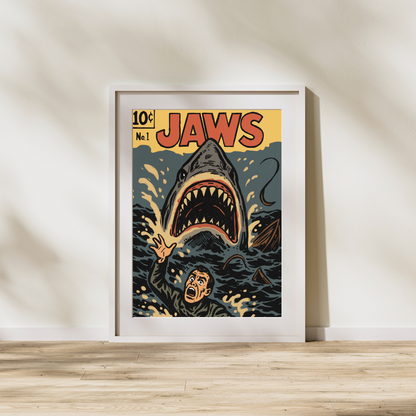 Jaws Digital Art Print | Retro Horror Comic Style | Vintage Shark Movie Poster | Instant Download | Printable Wall Art