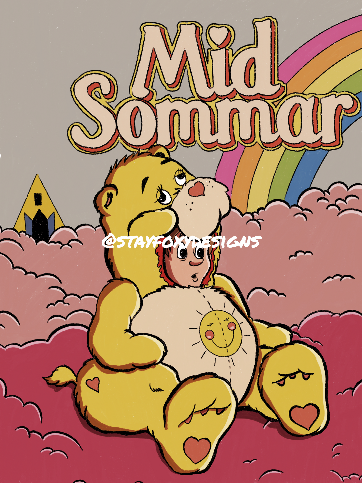 Midsommar Parody Print | Christian in Care Bear Carcass | 5x7 or 8 x10 Surreal Horror Pop Art | Folk Horror Meets Cute | Dark Humor Wall Art