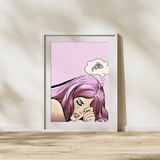 Pink Hair Comic Woman Crying Over Pizza | Funny Pop Art Print | Quirky Wall Art | Sad Girl Thought Bubble Illustration