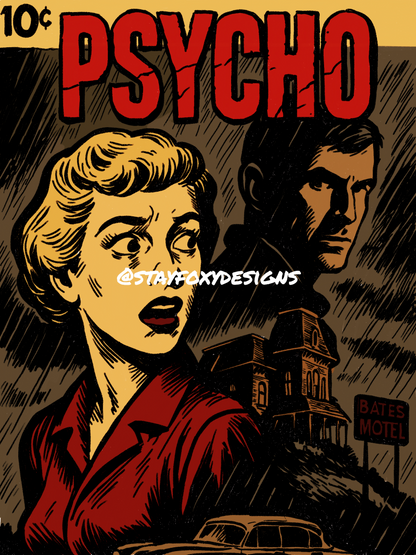 Psycho Inspired Digital Art Print | Alfred Hitchcock Horror Movie Poster | Retro Motel Wall Art | Instant Download