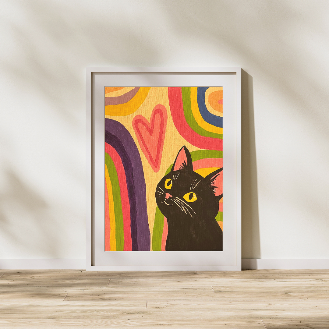 Rainbow Dream Cat – 5×7 or 8x10 Art Print | Whimsical Black Cat Illustration | Colorful Retro Wall Art