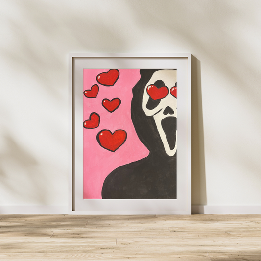 Love Struck Mask – Original 8×10 Acrylic Painting | Cute Horror-Inspired Art | One-of-a-Kind Spooky Decor