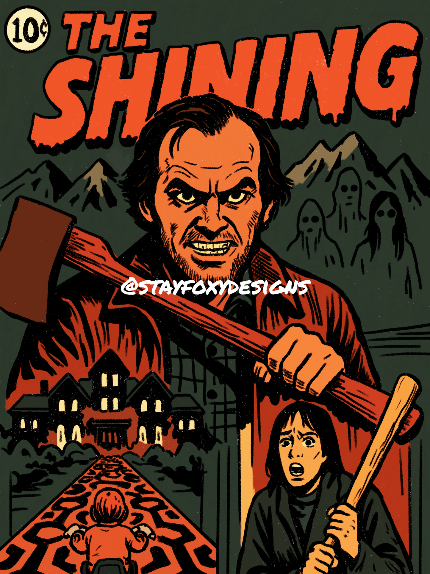 The Shining Comic Book Cover Print | Horror Movie Poster | Jack Torrance & Overlook Hotel | Digital Download Wall Art