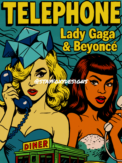 Telephone Comic Book Cover Digital Print | Lady Gaga & Beyoncé Pop Art Poster | Retro Diva Duo Wall Art | Instant Download